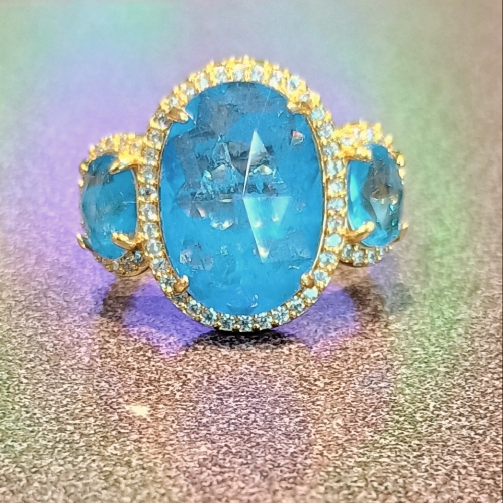 Bomb Party "Devina" Ring Large Blue Oval 3 Stone In Gold Twist Design With CZs